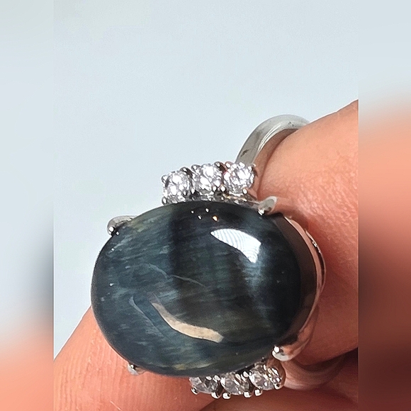 Natural Blue Tiger Eye & CZ 925 Sterling Silver Ring - Picture 3 of 10